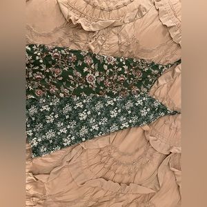 split green dress with 2 floral patterns